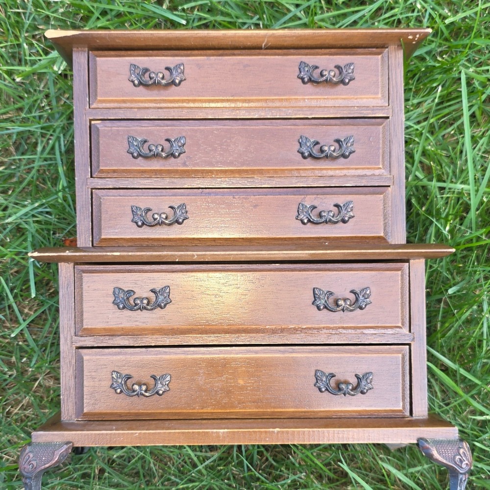 Vintage Miniature Wood Highboy Dresser Jewelry Music Box 5 Drawer Blue Lining